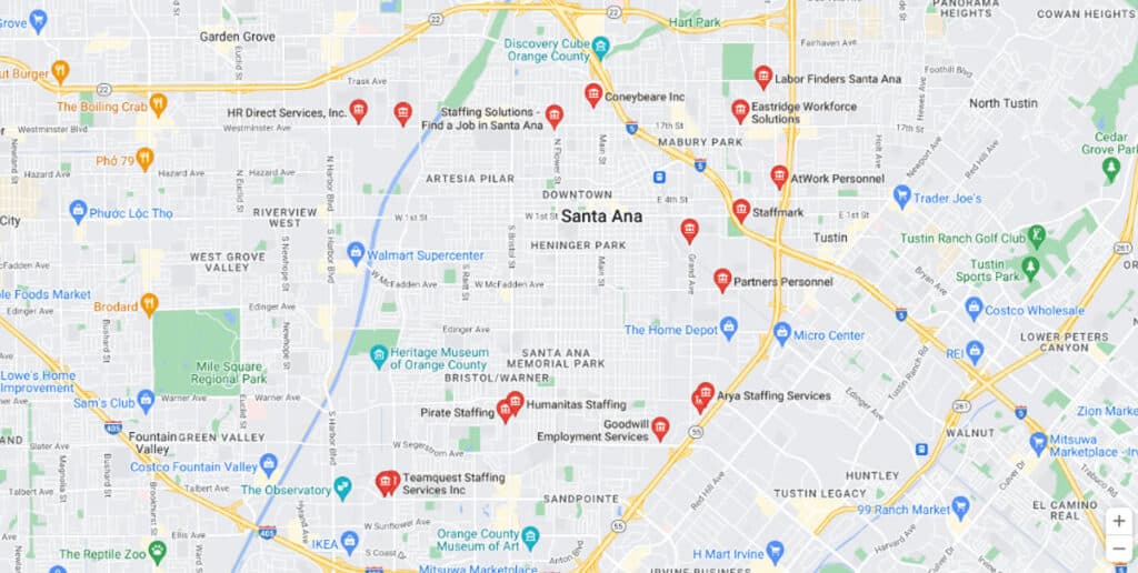 mapa buscador de agencias de trabajo y empleo en santa ana, california, en español para hispanos y latinos