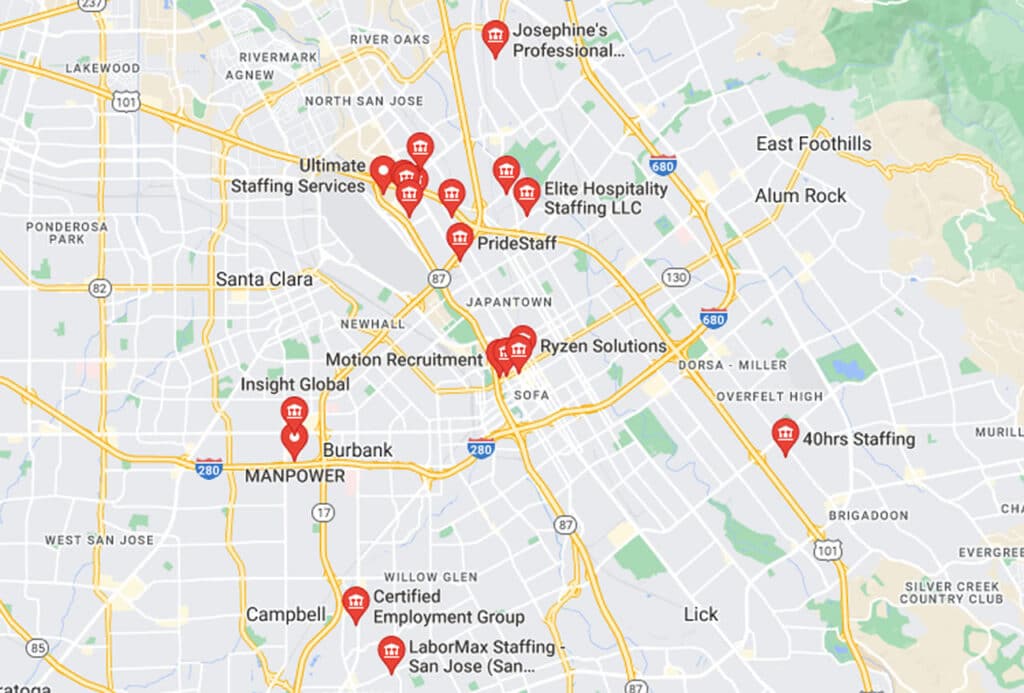imagen del mapa de las agencias de trabajo y empleo en san josé, california
